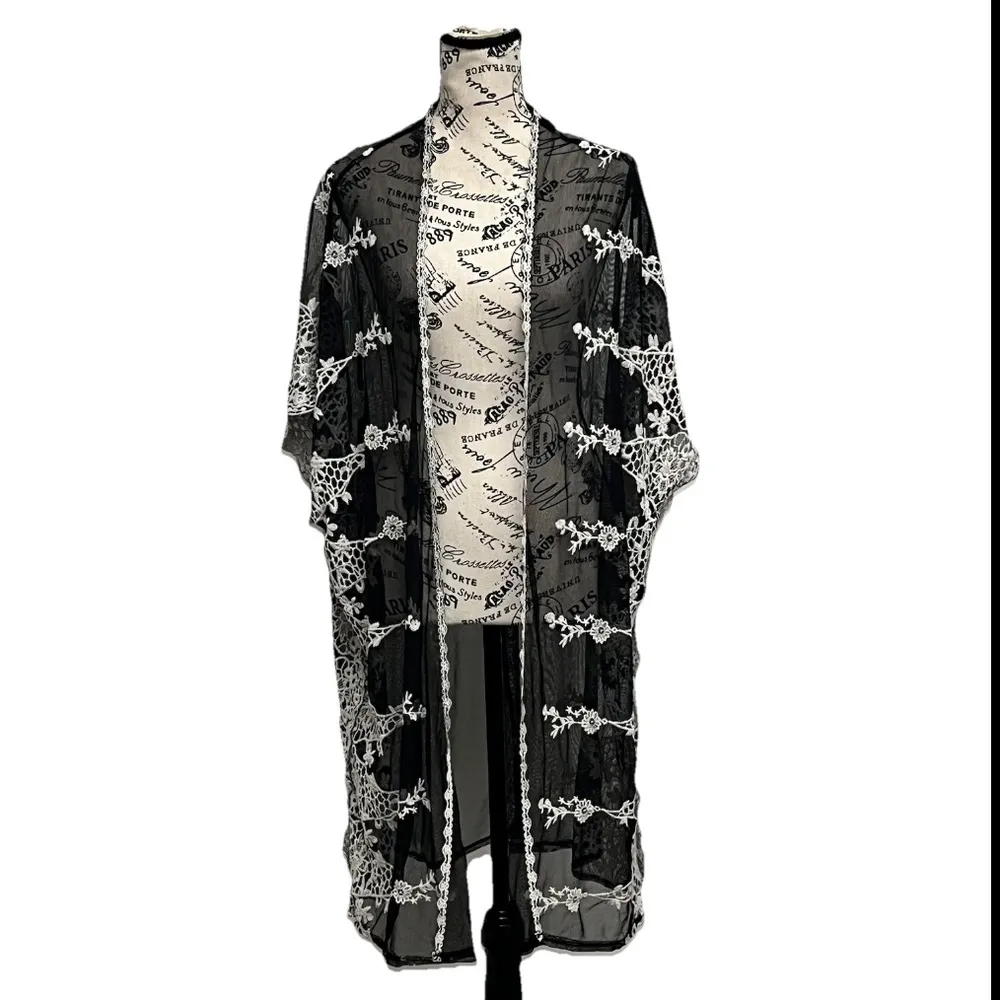 Women's Kimono Embroidered Mesh Sheer Crochet Beach Boho Coastal Goth Hippie L - Image 2