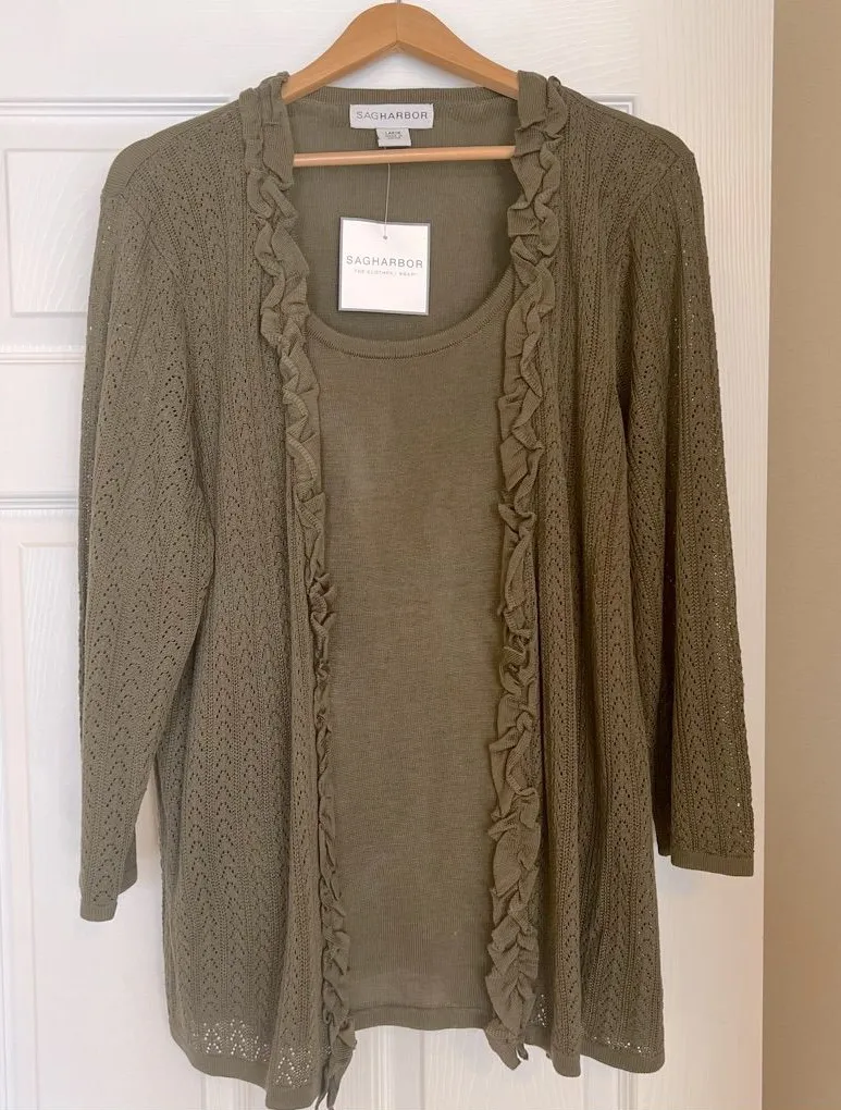 NWT Sag Harbor Mock Layered Sweater Size Large Olive Green Ruffled Cardi… - Image 1