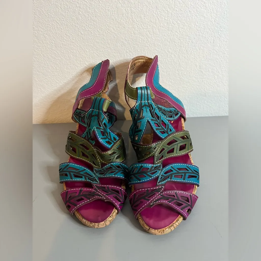 L'ARTISTE Spring Step BohoChic Leather CutOut Leaf Print CorkWedge Sandal Sz 8.5 Blue - Image 3