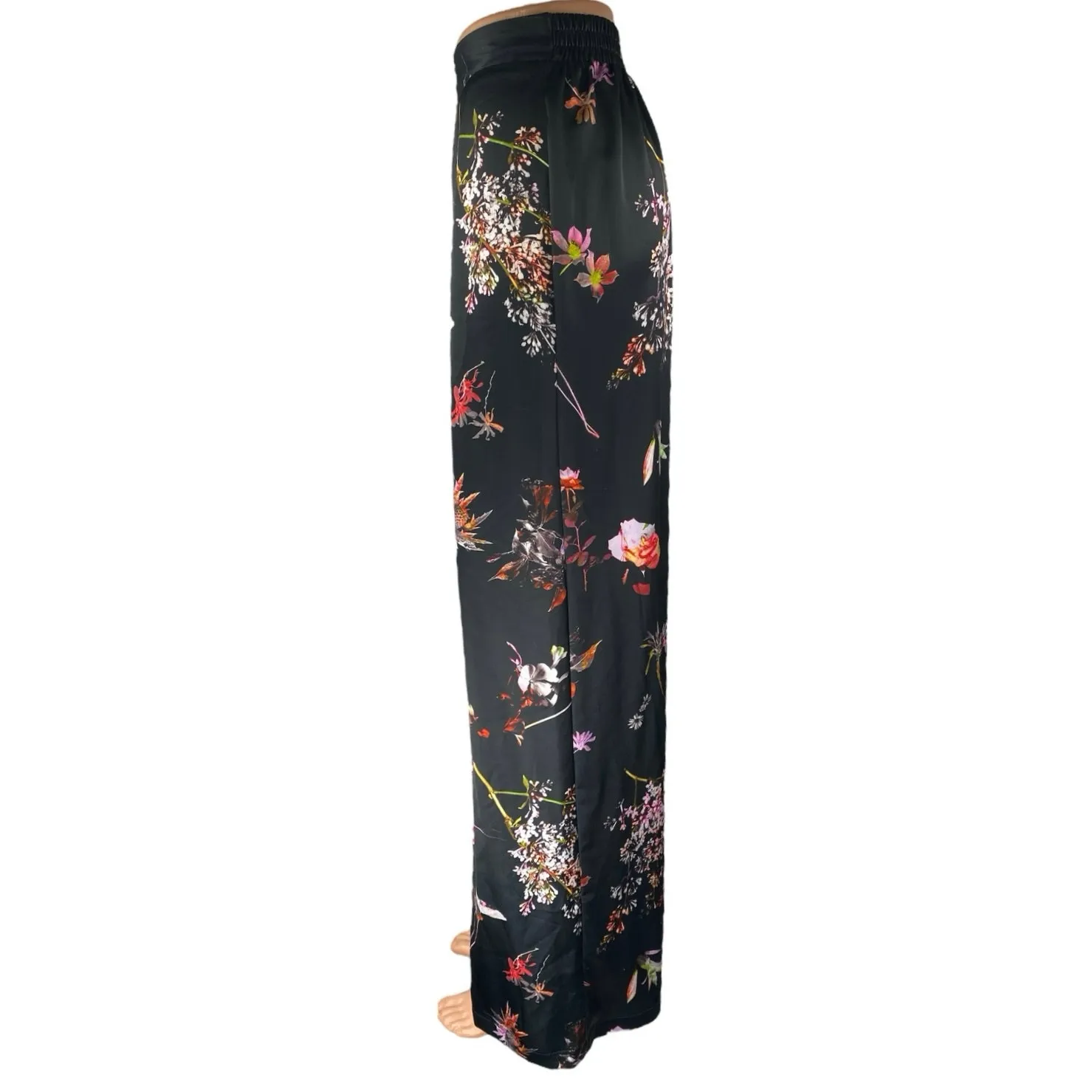 Victoria's Secret Black Silky Satin Floral Pleated Wide Leg Trousers Pants Sz XS - Image 2