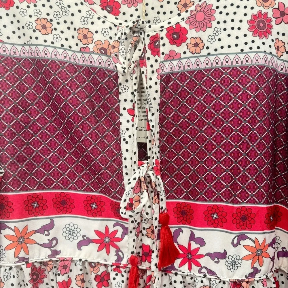 Gypsy Blu Boho Mixed Print Tassels Puff Sleeve Floral Midi Dress Size 3X NEW - Image 9