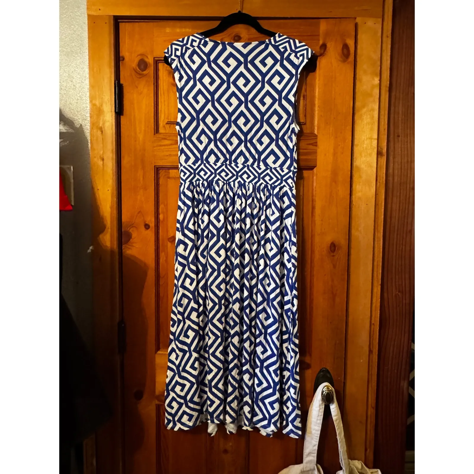 Boden Geometric Print Cap Sleeve Midi Dress Blue White US 8 UK 12 - Image 8