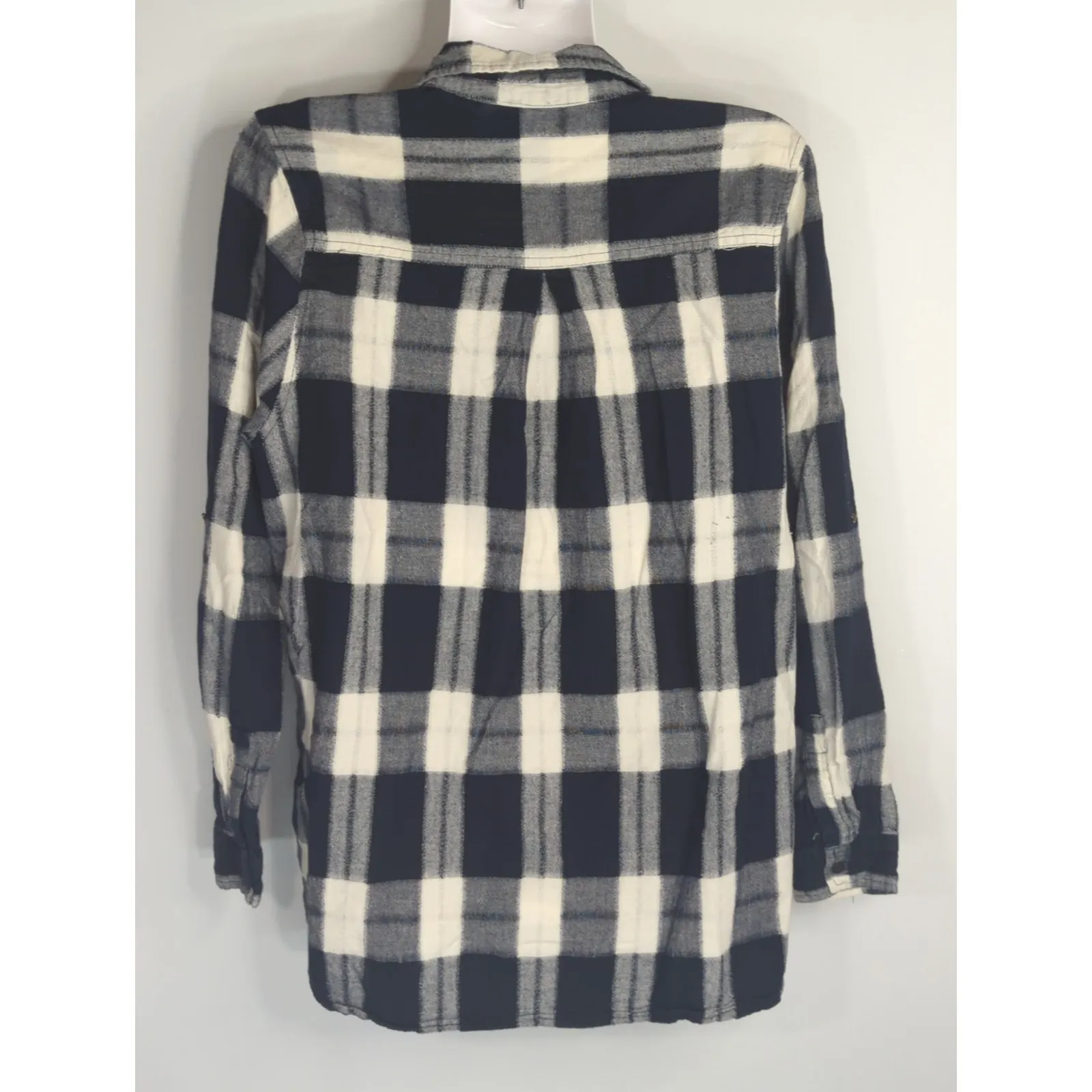 Zara Basic Z1975 Denim Navy Blue White Plaid Button Down Top Womens Small Preppy - Image 3