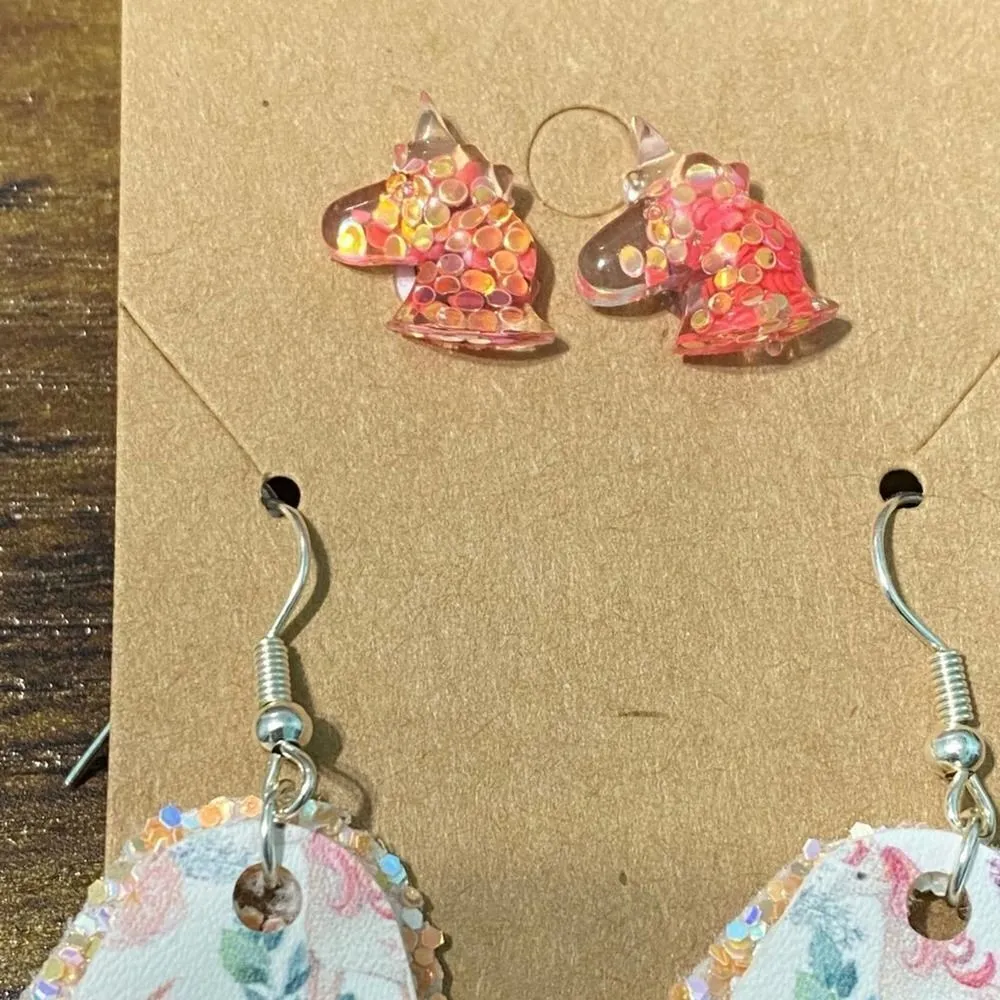 Women's Glitter Unicorn‎ Earring Set Dangle And Studs Peach Set Vegan Leather - Image 3
