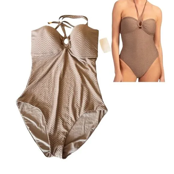 Trina Turk Empire Bandeau One-Piece SWIMSUIT 14 Womens XL Sandstone Taupe Halter - Image 2