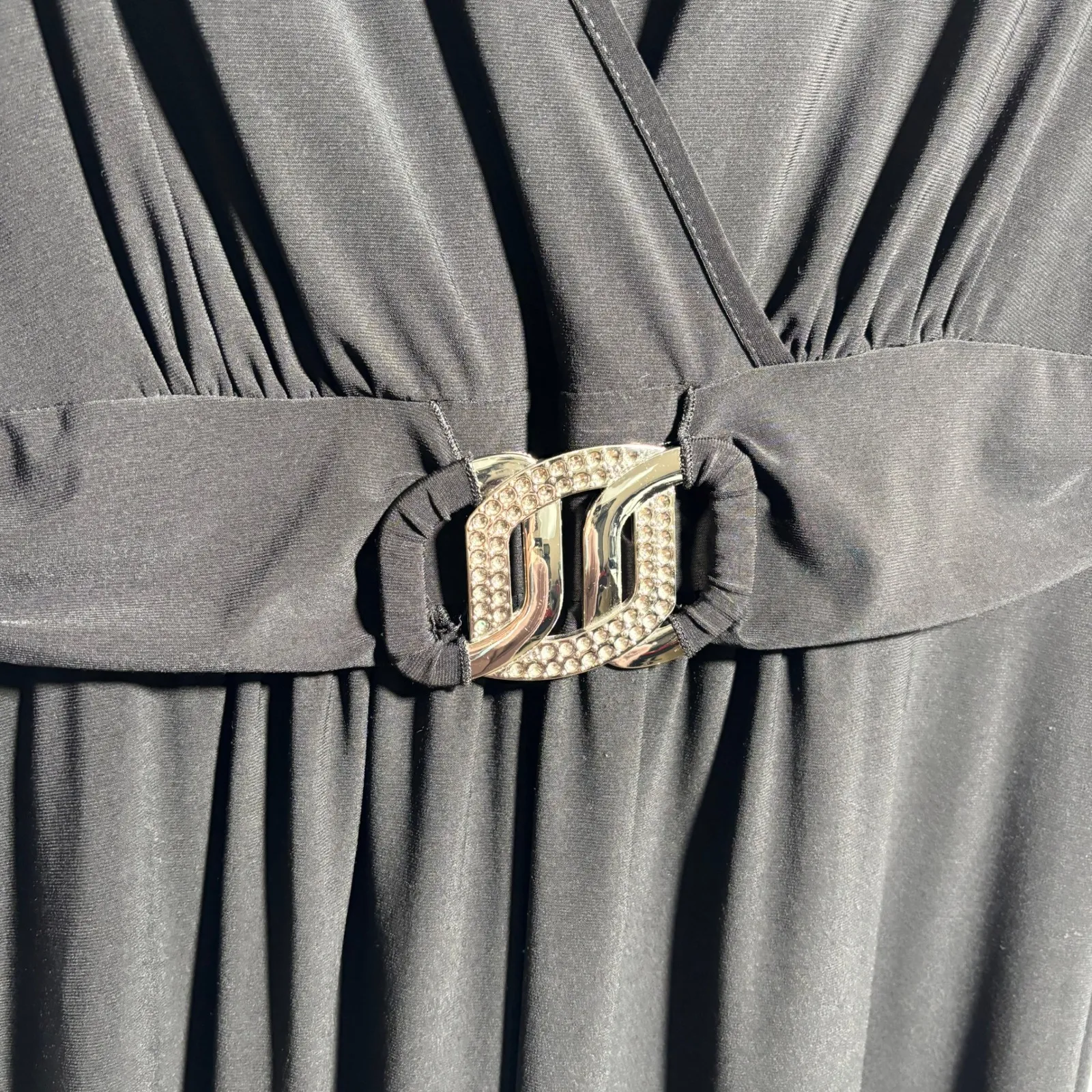 VTG Y2K Black Midi Dress Belted Empire Waist V Neck Short‎ Sleeve 16 Formal USA Size 14W - Image 2