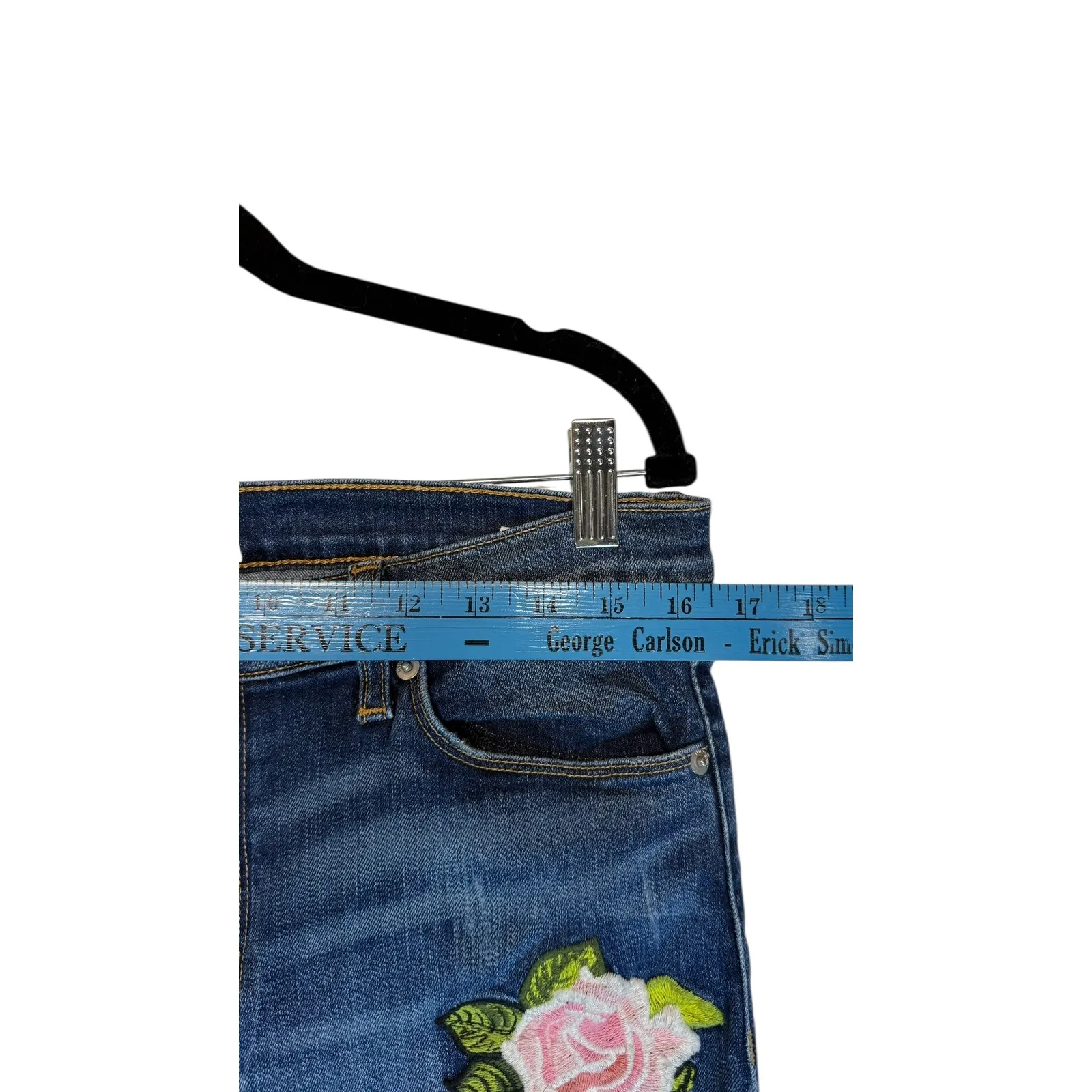 Hudson Skinny Rose Patch Frayed Hem Girly Preppy Barbiecore Boho Size 30 Blue - Image 9
