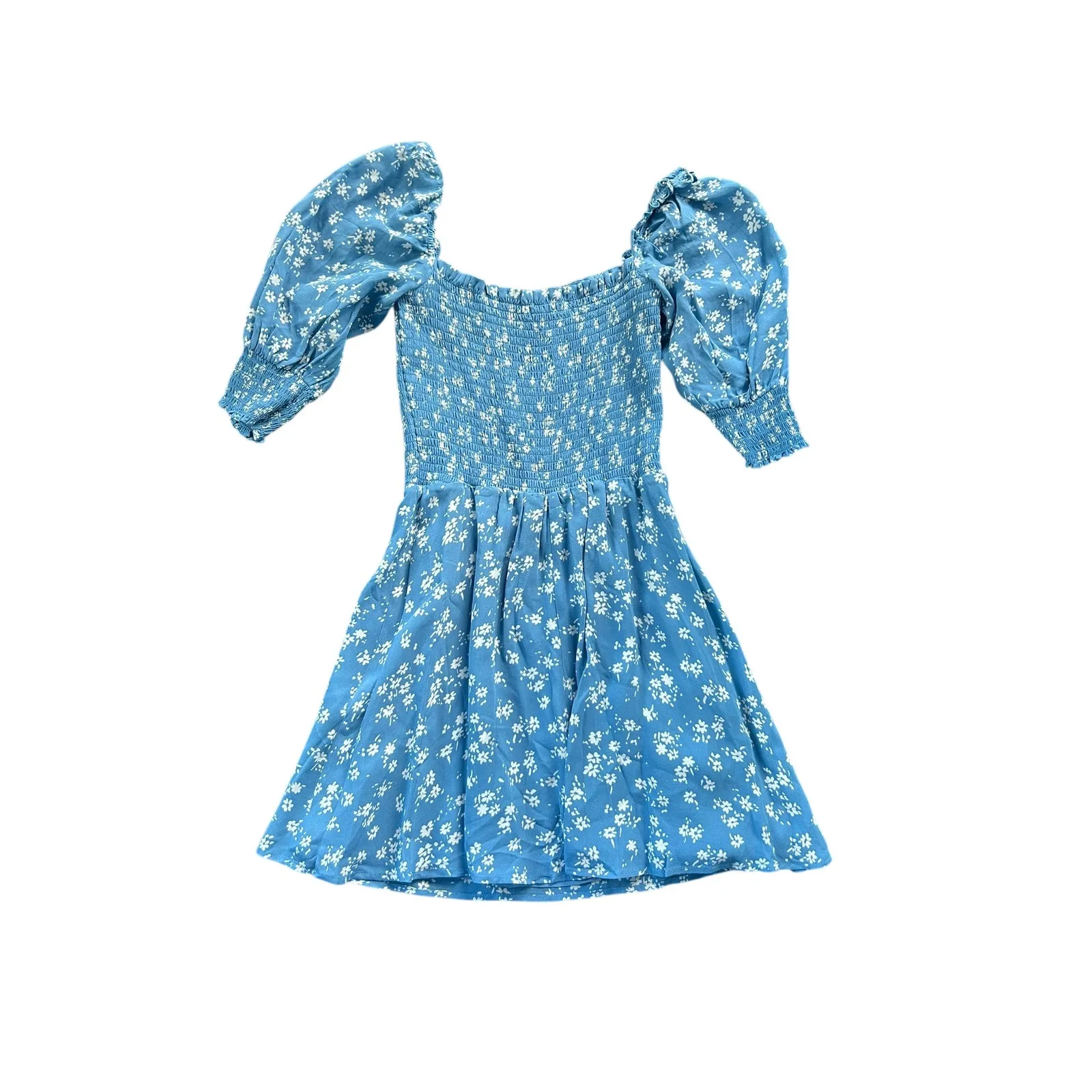Reformation Elle Blue Floral Smocked Puff Sleeve Square Neck Mini Dress Size 2 - Image 7