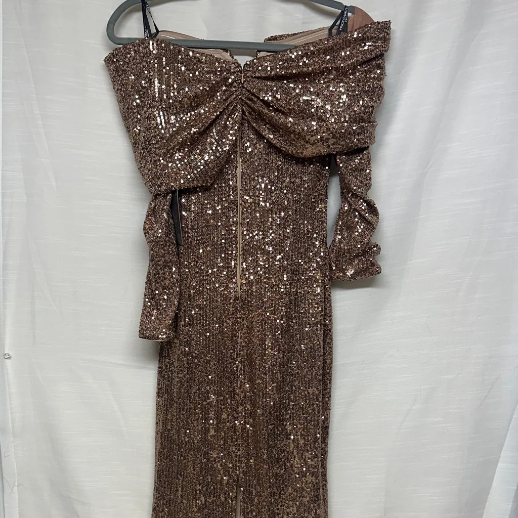 Vince Camuto Sparkling Bronze Long Sleeve Dress Draped off Shoulder Sweetheart - Image 8