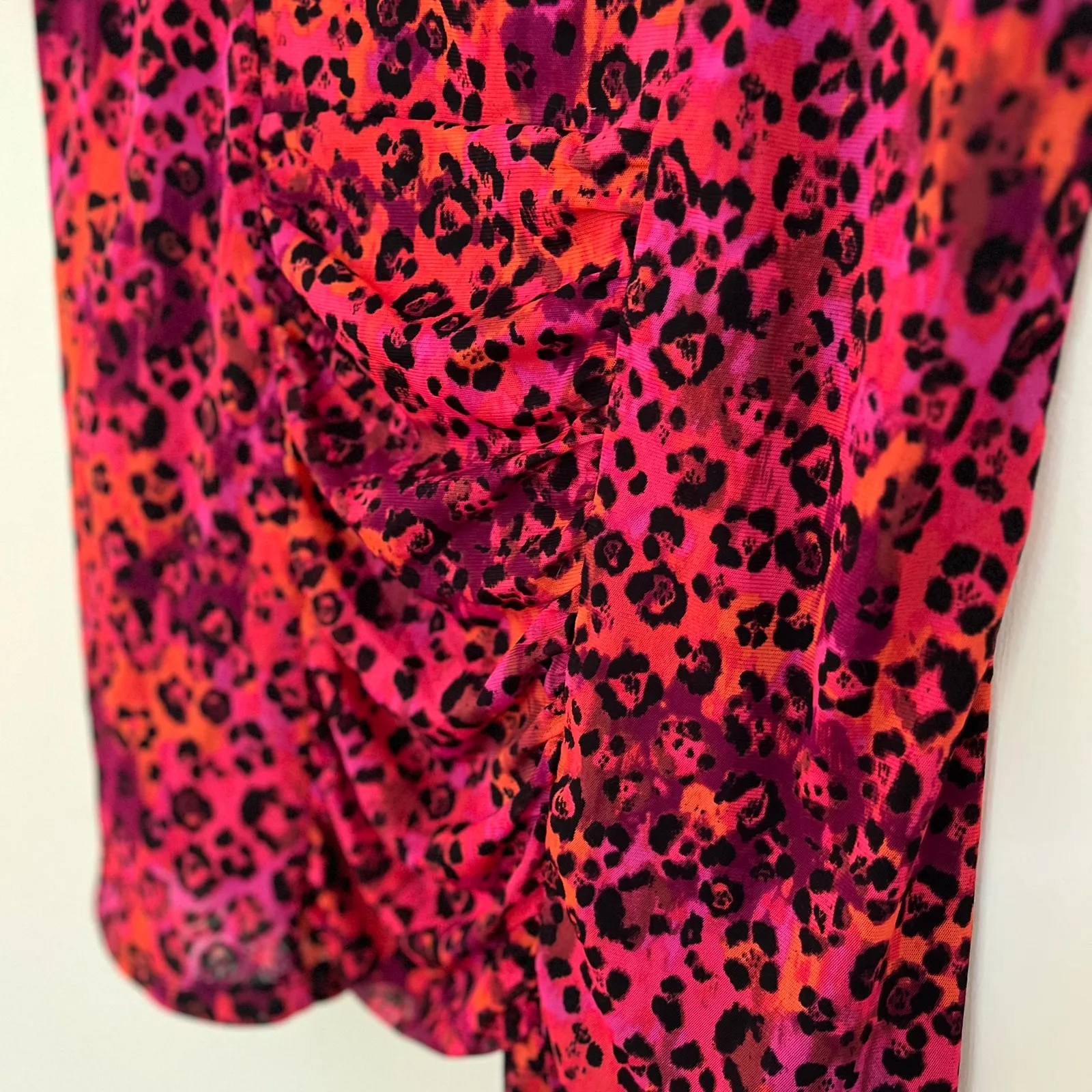 Fashion Bug | Ruched Hot Pink Cheetah Print Tee | Size XL | y2k Micro Mesh Top - Image 4