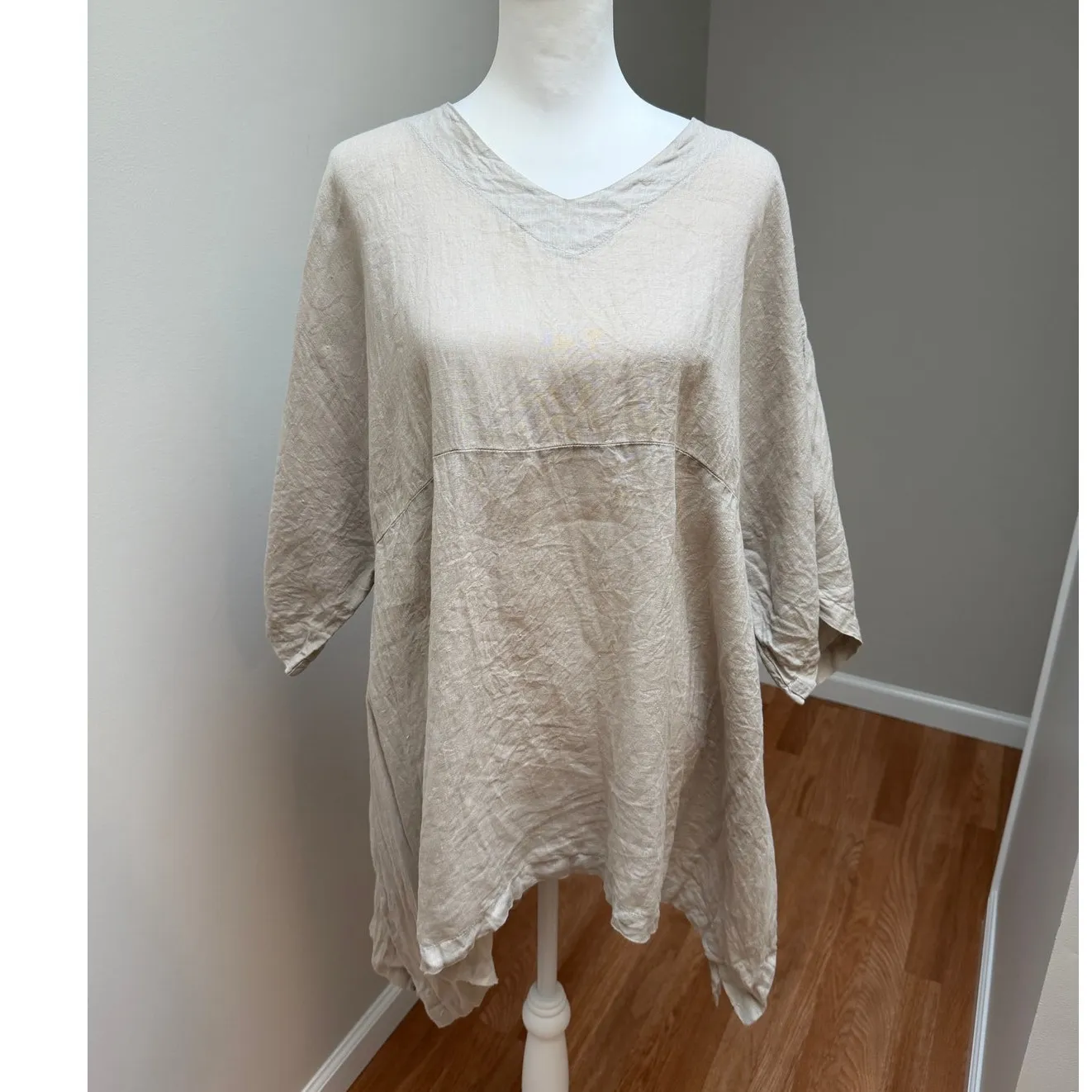 Match Point Linen Tunic Top Womens Medium Beige Natural Relaxed Fit Langenlook Black - Image 2