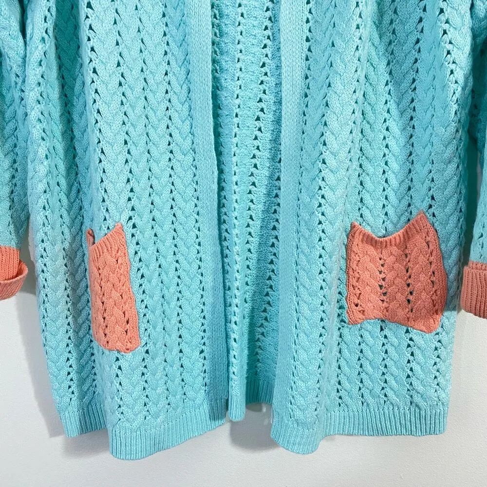 Vintage Handmade Baby Blue & Coral Open Front Cable Knit Cardigan - Image 3