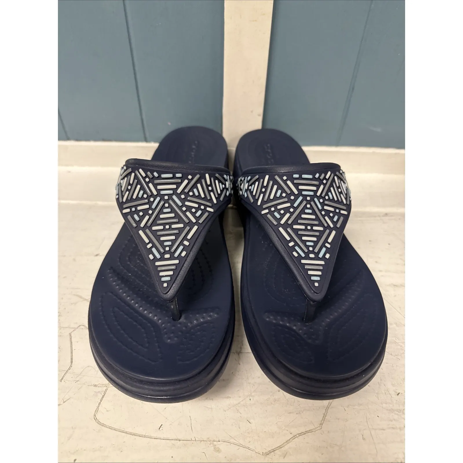 Crocs Sandals‎ Womens 10 Monterey Beaded Wedge Slip On Flip Flop Navy 206851 - Image 4