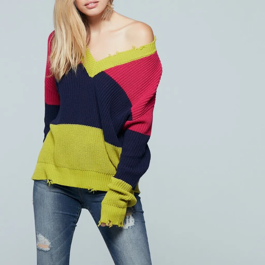 NWT BAND OF GYPSIES Colorblock Distressed Sweater - Image 7