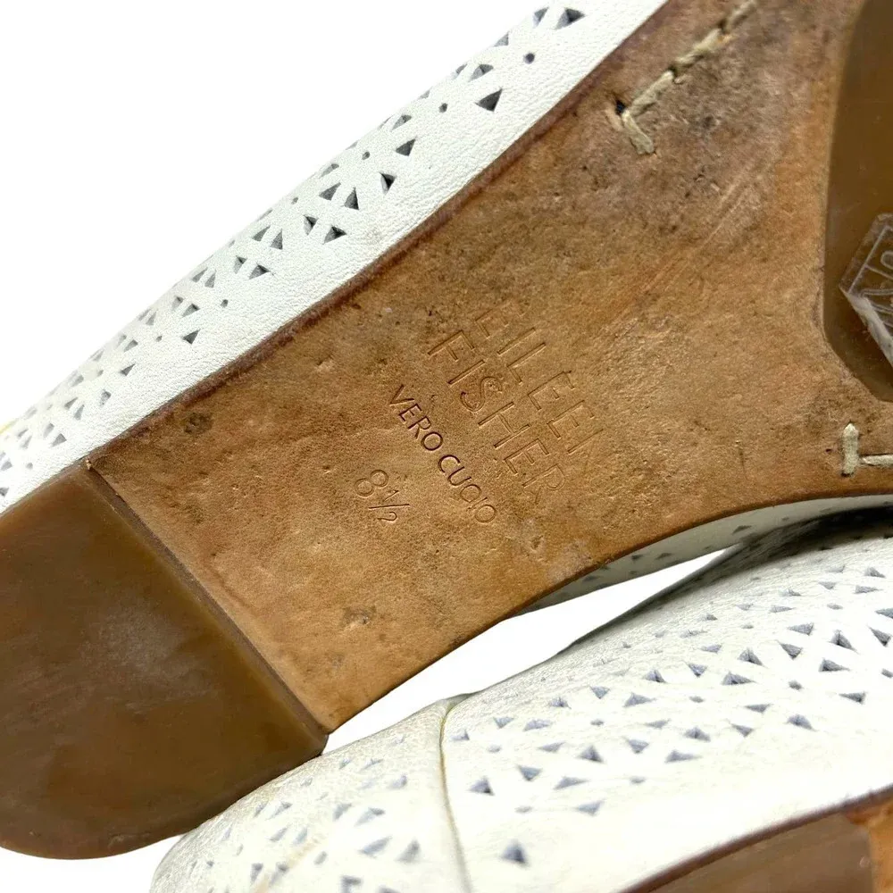 Eileen Fisher‎ White Lasercut Leather Ballet Flats Size US 8.5 - Image 9
