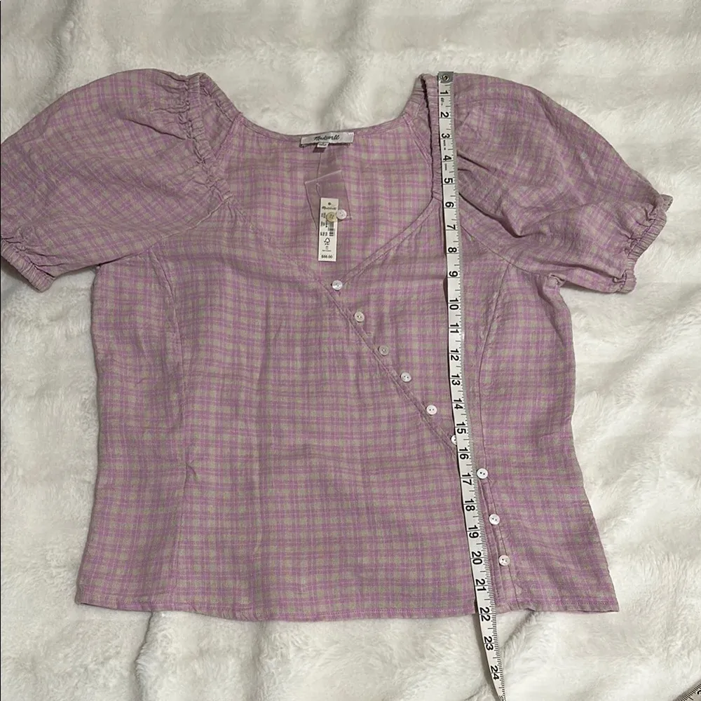 NWT Madewell small Linen-Blend Puff-Sleeve Button-Wrap Top in Plaid - Image 6