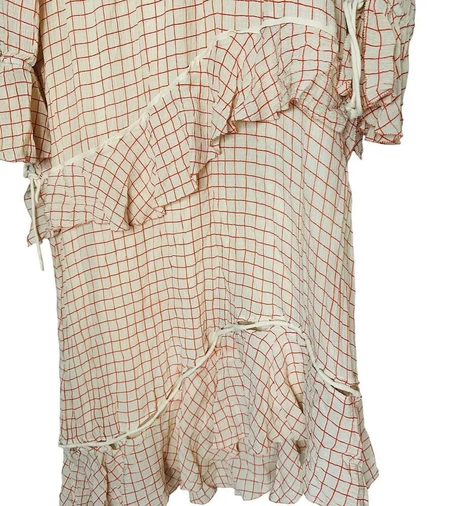 DEREK LAM 10 Crosby Cream Red Tiered Windowpane Asymmetrical Ruffle Dress Size 8 - Image 5