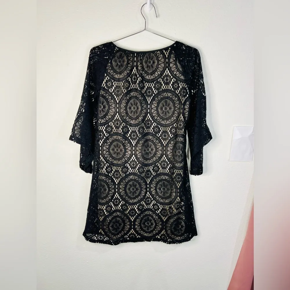 Tacera Black Lace with Nude Lining 3/4 Sleeve Dress Effortless Elegance Size S - Image 7