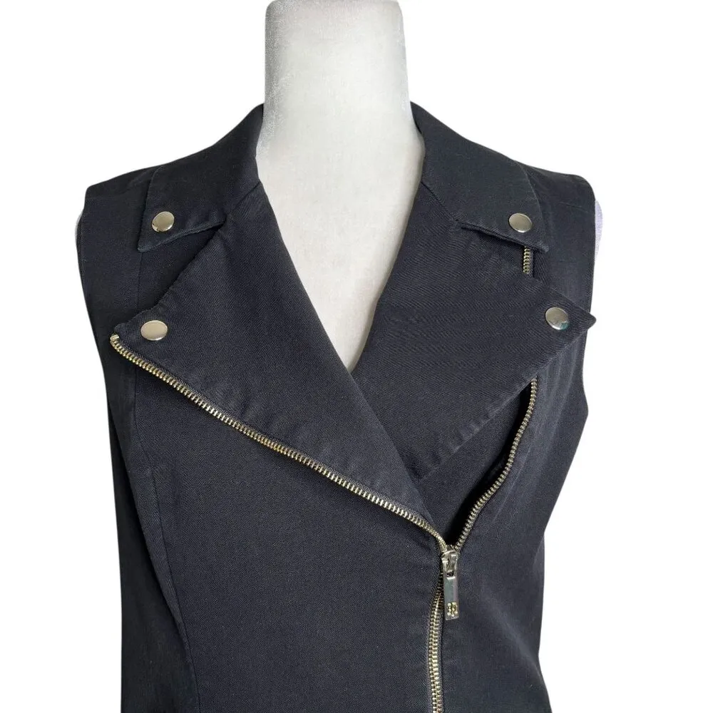 Tommy Hilfiger Black Sleeveless Moto Vest Size Small Gold Zippers Snap Buttons - Image 2