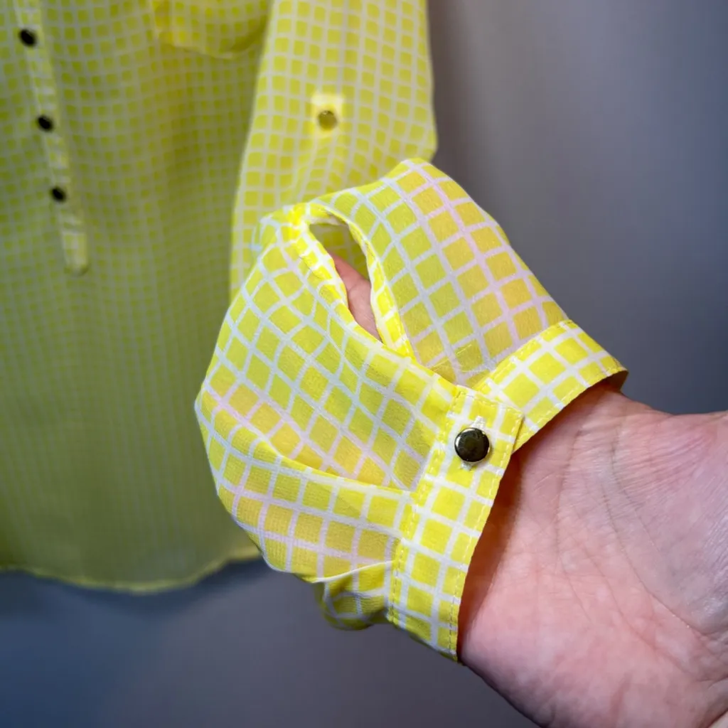 APT 9 Womens V-Neck Half Button Up Popover Blouse Top Yellow White Grid Sheer XL - Image 9