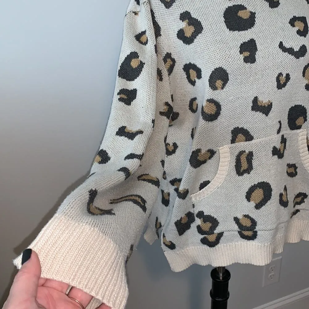Leopard Cheetah Animal Tan Hood Sweater Sz L - Image 2