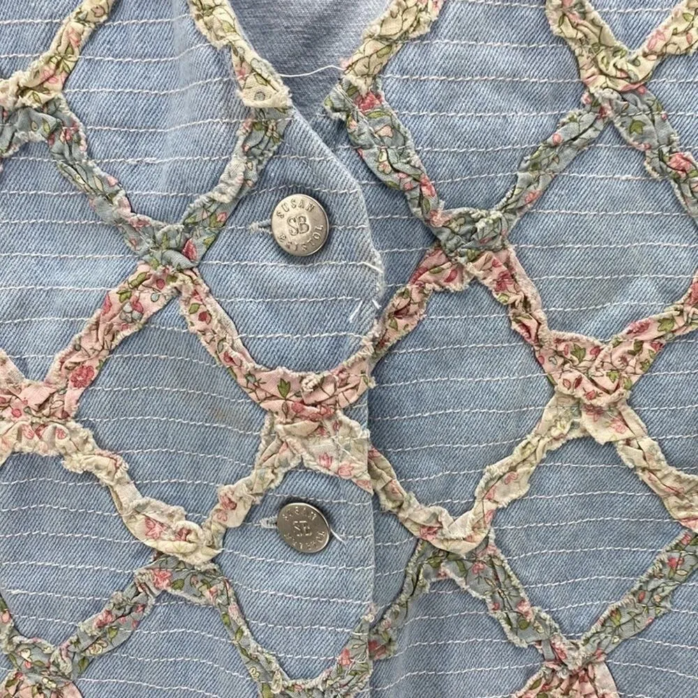 Vintage Susan Bristol cottage core denim vest 80s 90s pink granny core sz L Blue Size L - Image 3