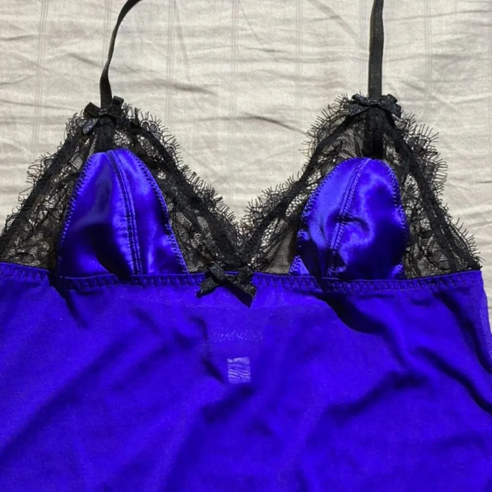 Frederick’s of Hollywood Babydoll Slip Dress Blue Black Lace Satin Sheer SMALL - Image 2