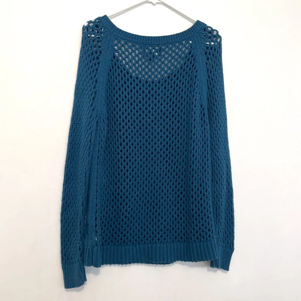 AMERICAN EAGLE AEO AE Teal Blue Open Weave Cable Knit Scoop Neck WOOL Sweater L - Image 9