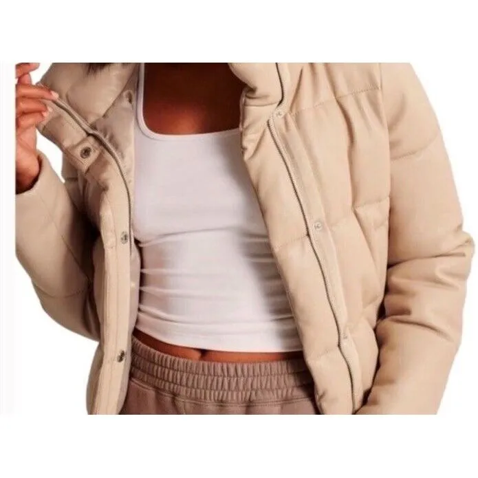 Abercrombie & Fitch Women's Large Cream‎ Vegan Leather Mini Puffer Jacket - Image 4