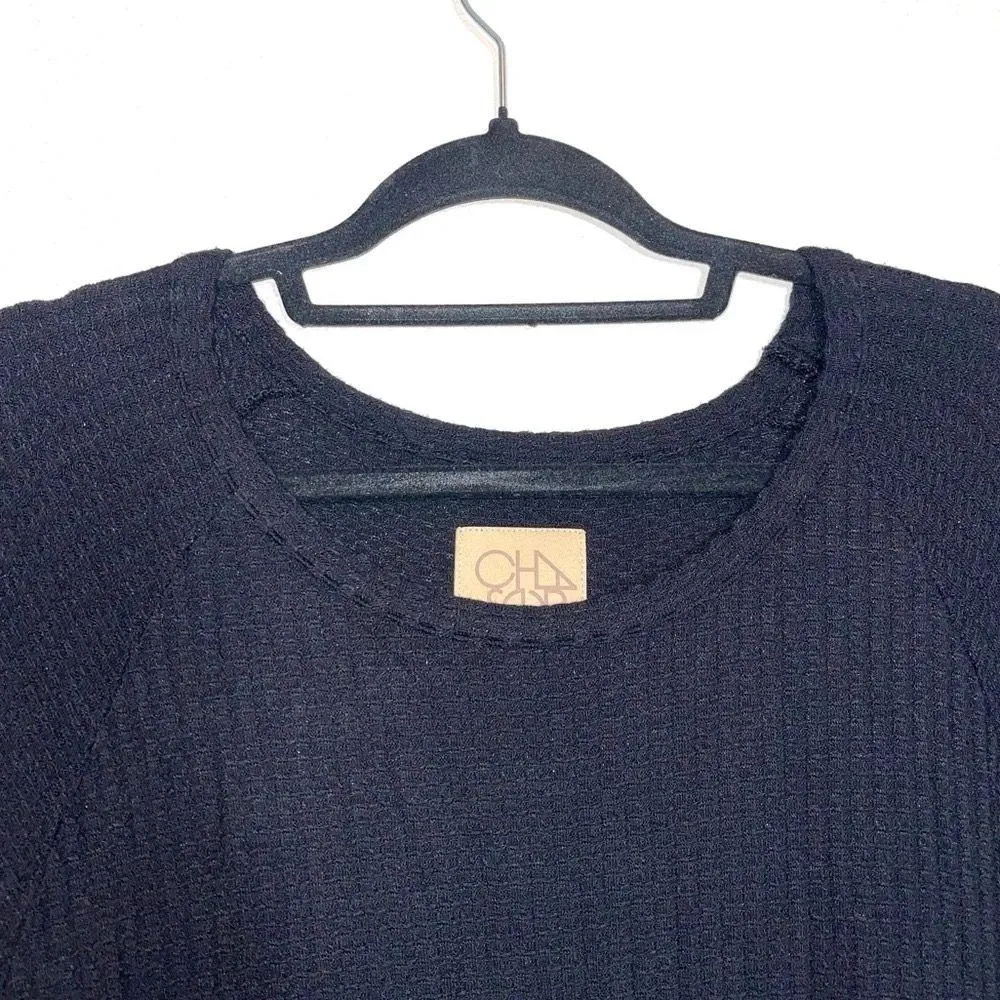 Solid Black Tie Hem Dolman Sleeve Waffle Knit Relaxed Top - Image 2