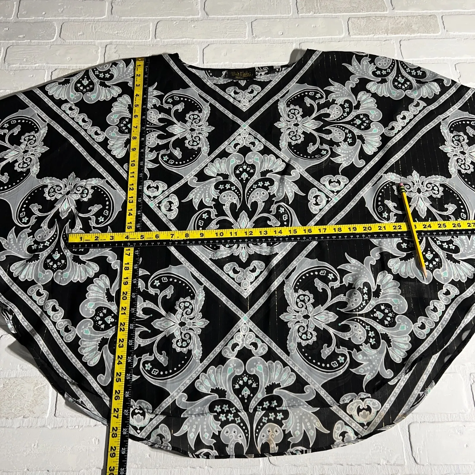 Bob Mackie‎ Poncho Top Womens Medium Black Damask Shimmer Sheer Kafton Casual M - Image 2