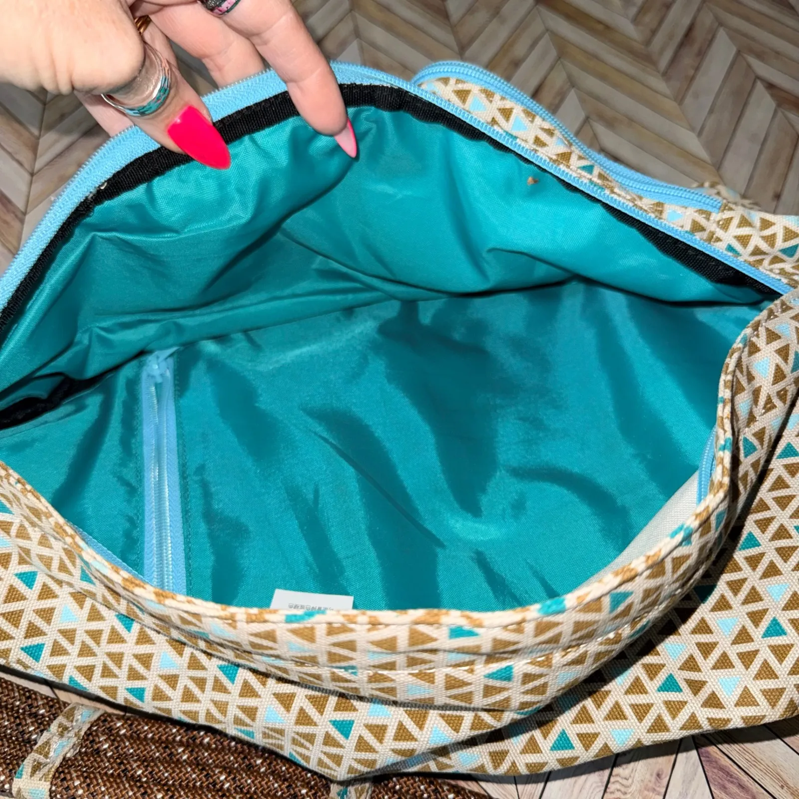 KAVU Rope Sling Backpack Geometric Print Adjustable Strap Teal Tan Brown Travel - Image 4