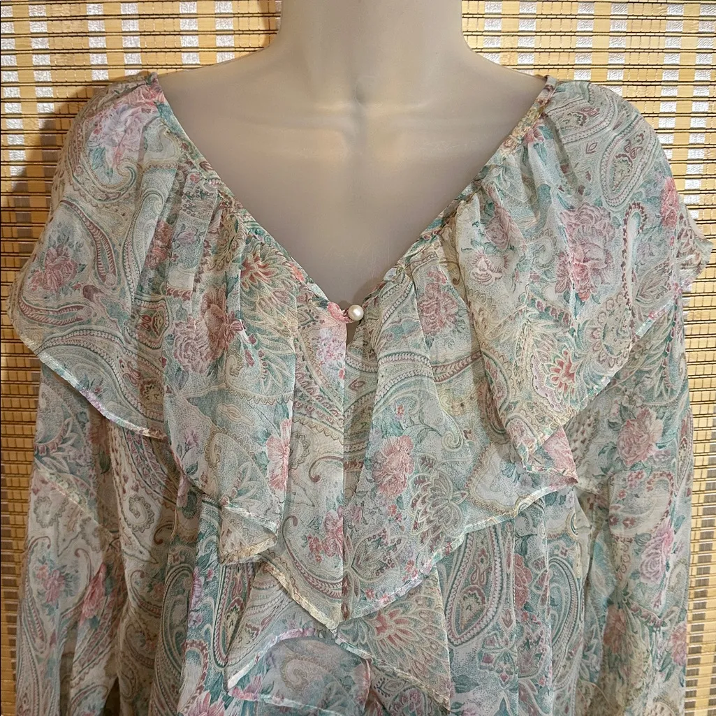 Victoria's Secret Vintage Gold Label Sheer Blue Floral Print Peasant Blouse M/L - Image 3