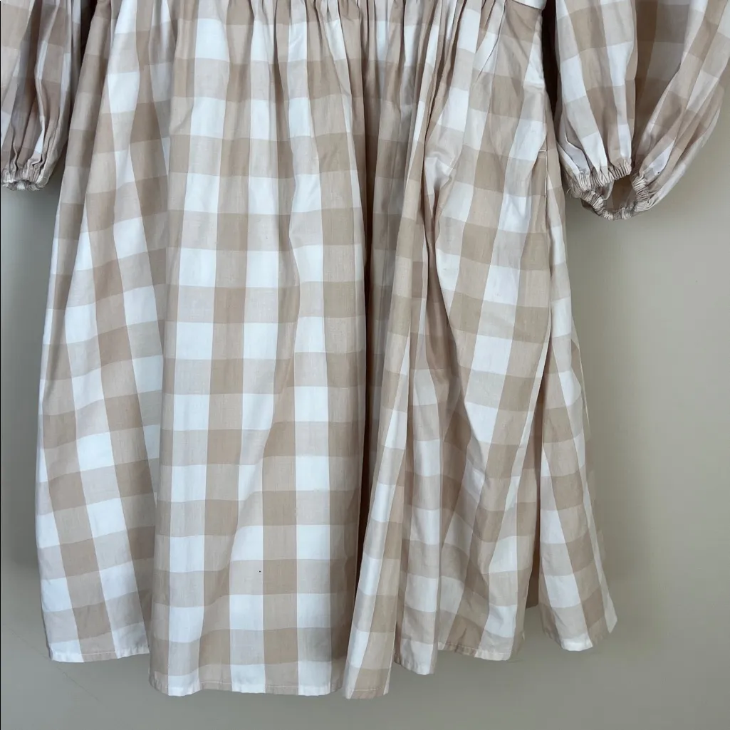 Abercrombie & Fitch Emerson Poplin Puff Sleeve Gingham Tan White Mini Dress Smal - Image 4