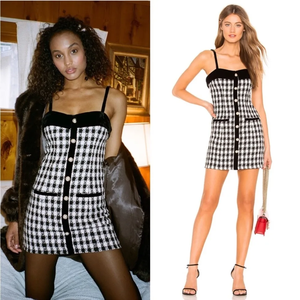 NWT LPA Mariya Herringbone Tweed Mini Dress Black White Large - Image 4
