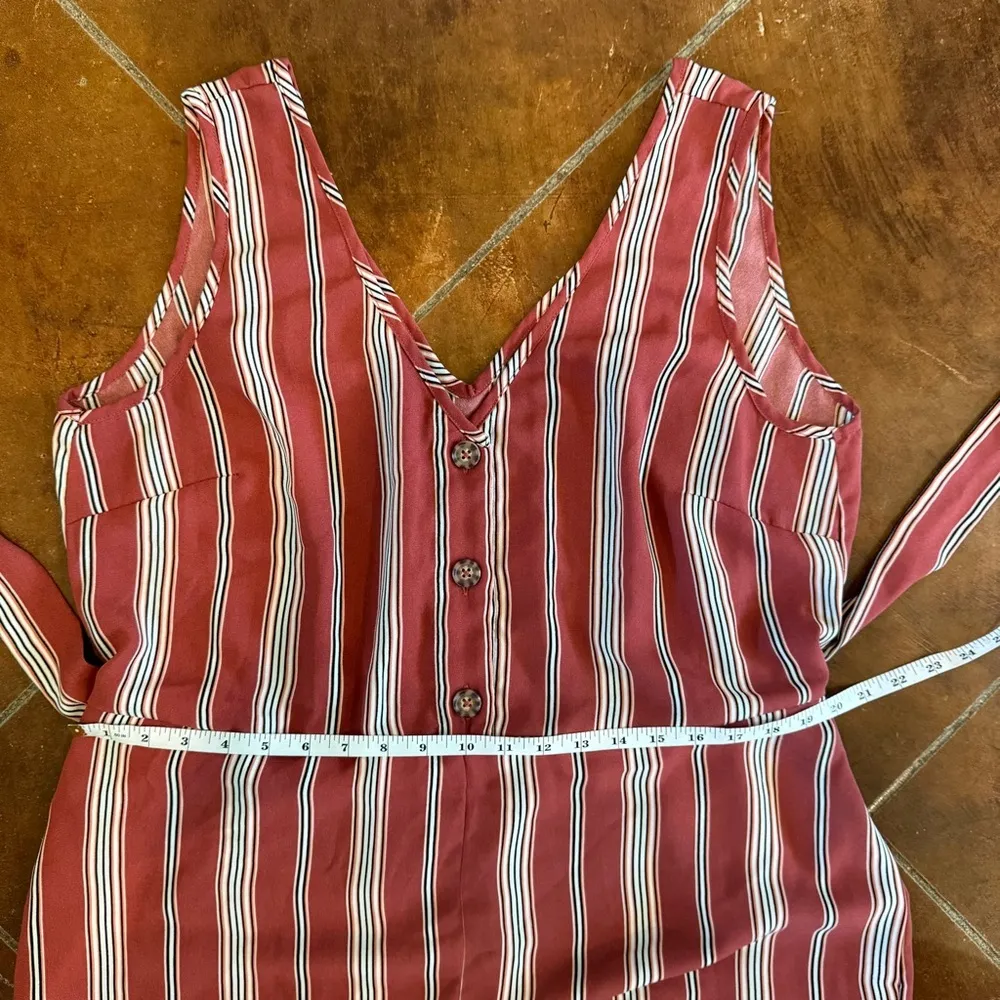 Striped Red Tint Pink Jumpsuit Adjustable Tie Waist Vneck Button Down Summer Size XL - Image 4
