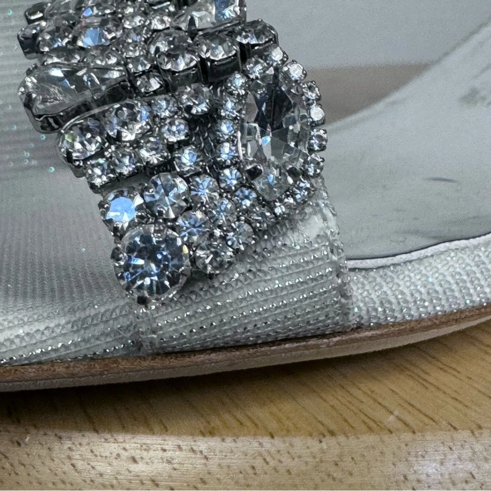 Badgley Mischka Silver Crystal Block Heel Sandals 10 Wedding Evening Bridal Shoe - Image 7