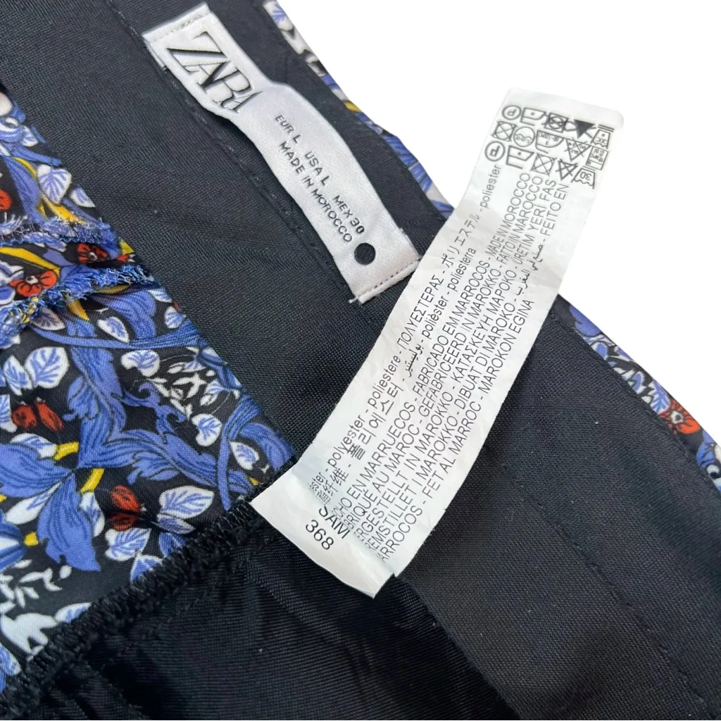 Zara Floral Blue Satin Floral High Rise Trouser Pants - Image 13