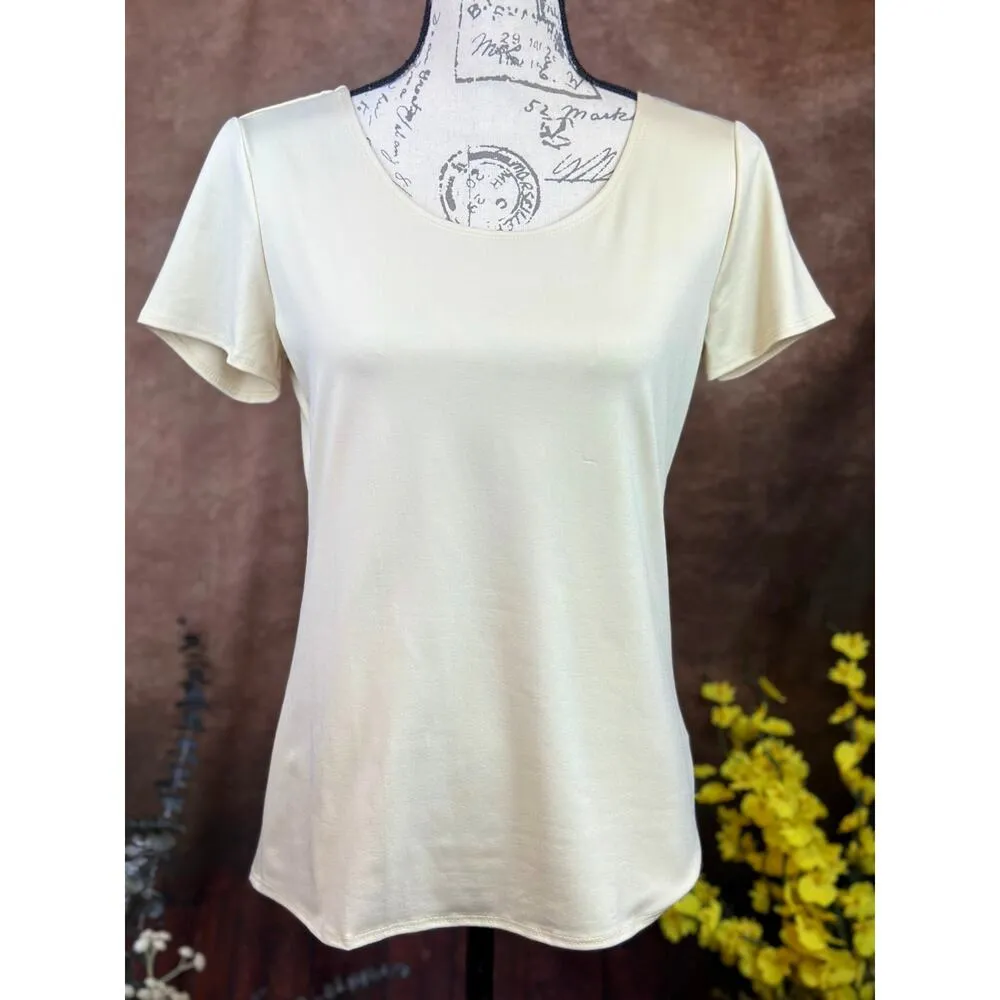 Scoop Neck Short Sleeve Silky Pullover Notations Blouse Tan size S - Image 5