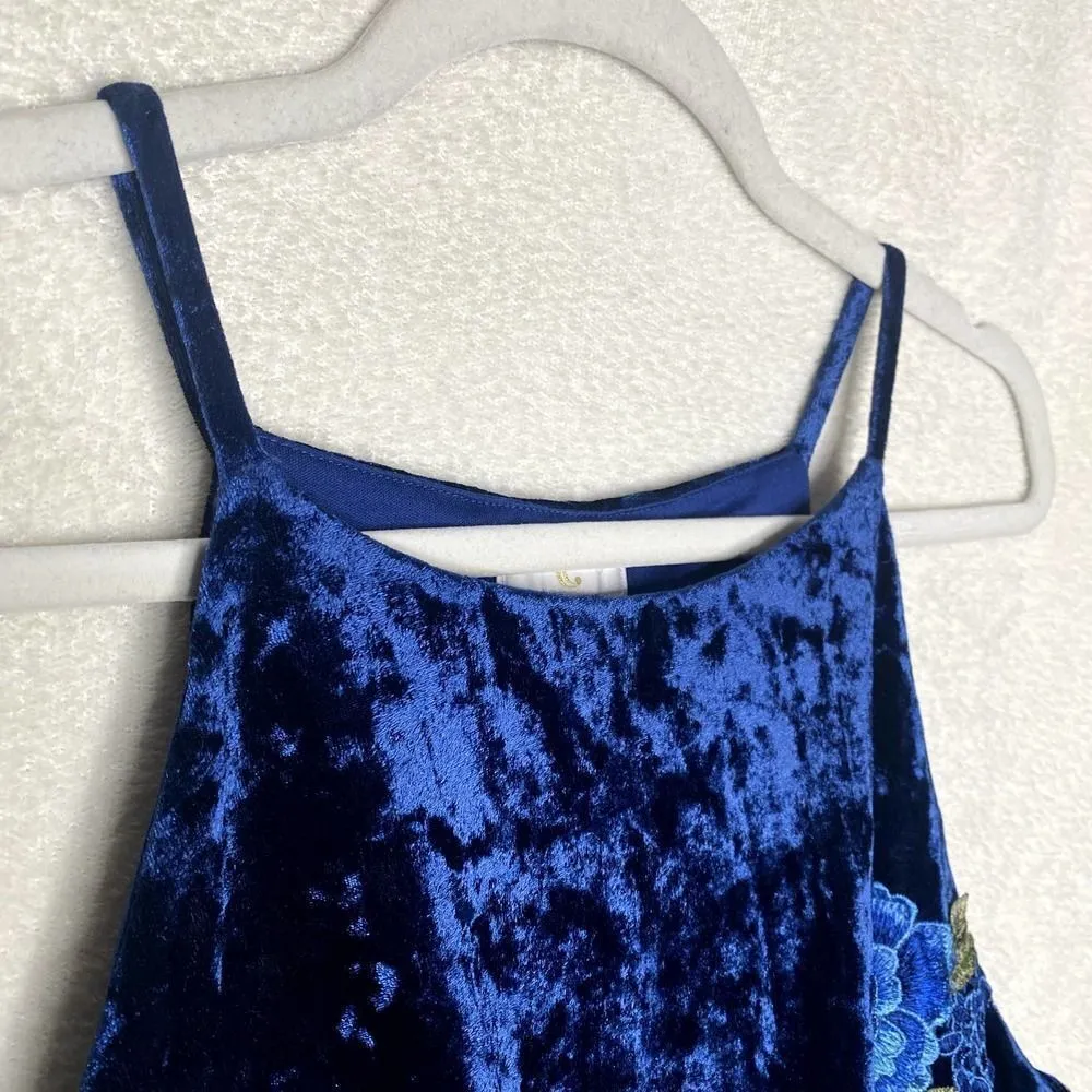 Charming Charlie Floral Applique Crushed Velvet Cami Tank Top Blue Green Large - Image 3