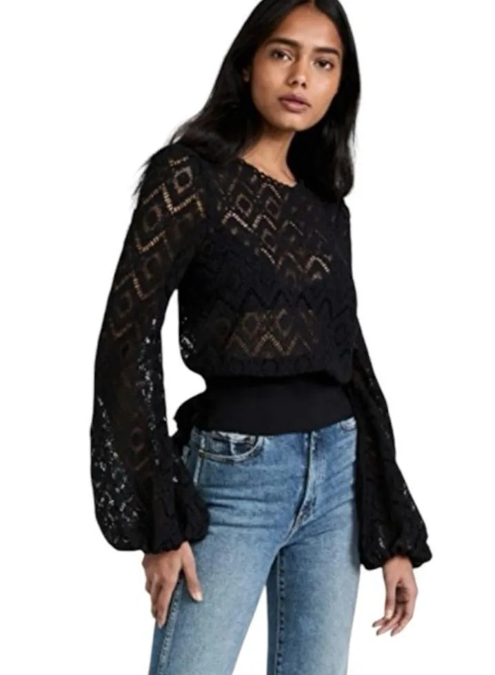 NWT byTiMo The Crochet Top Needle Lace Waist Tie Blouse in Black - Image 5