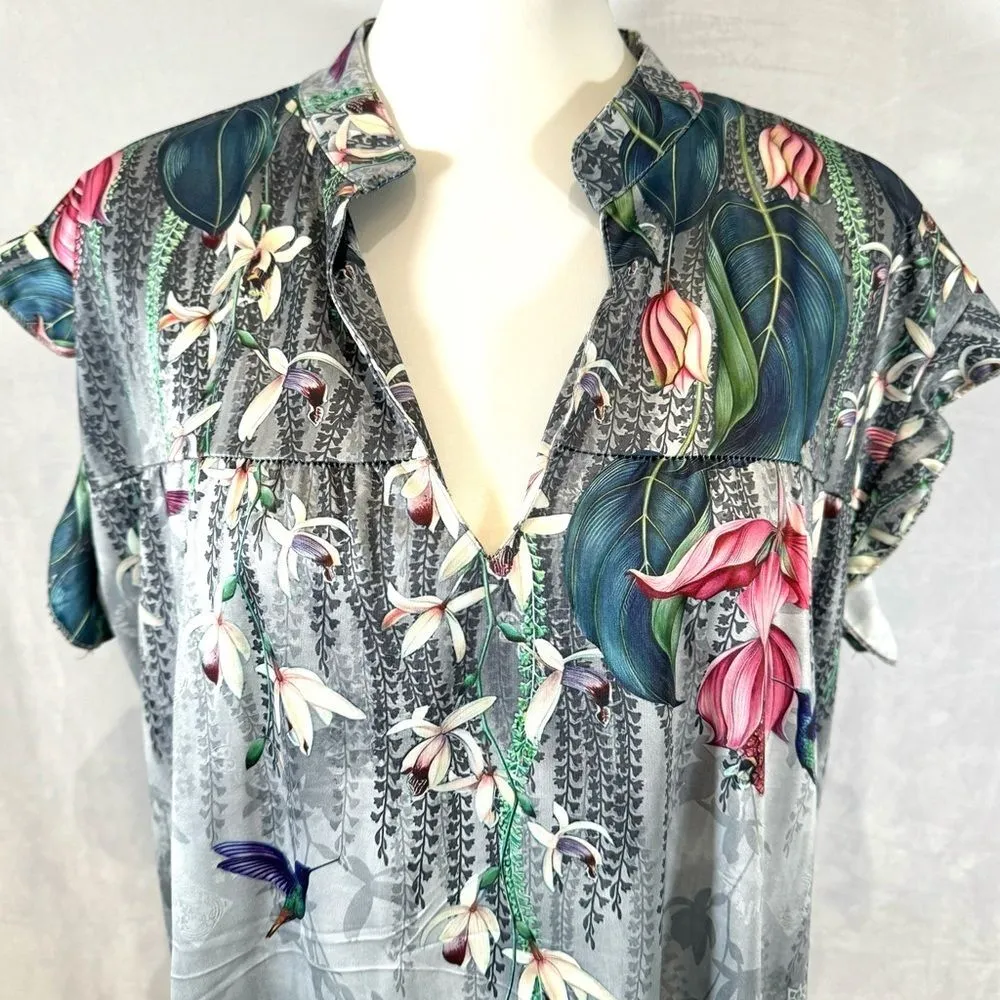 Flutter cap sleeve vneck honeysuckle and hummingbird print top size XXL Gray - Image 2