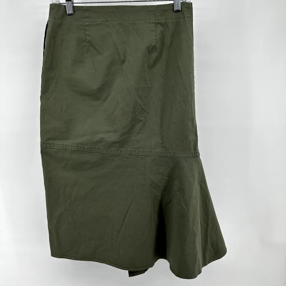 Theory Reconstructed Midi Skirt Ruffle Trim High Waisted Cotton Career Green 2 - Image 5