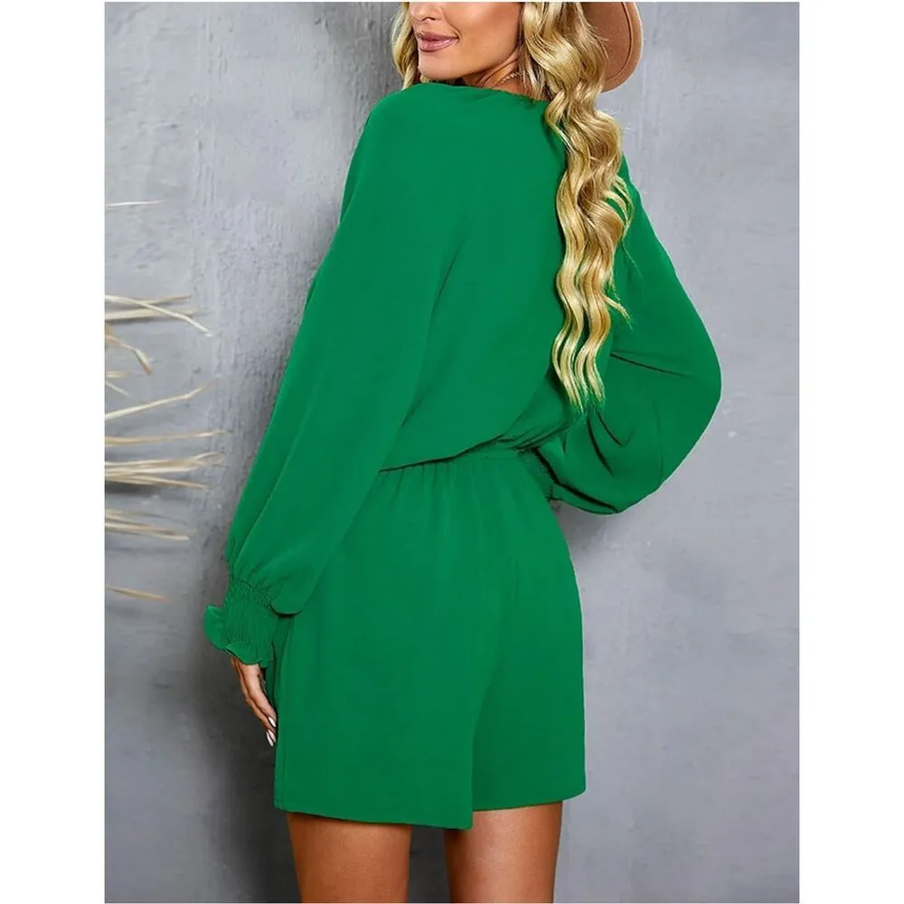 NEW V Neck Chiffon Tie Knot Front Puff Long Sleeve Romper M Green Size M - Image 2
