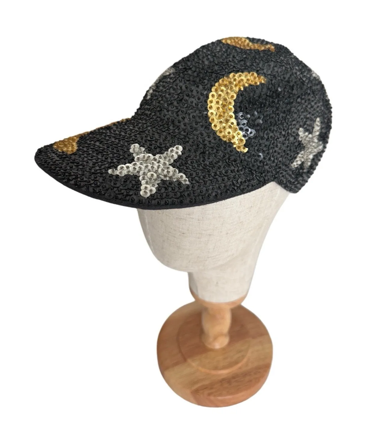 VTG Y2K 90s Witchy Sequin Celestial Moon Star Cap Halloween Hat Whimsygoth EUC Black - Image 1