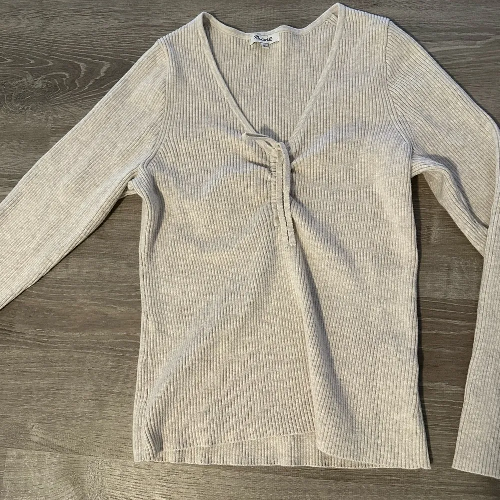Madewell Women’s Ibiza V Neck Cinch Front Slim Long Sleeve Ribbed Pullover Sz XL - Image 9