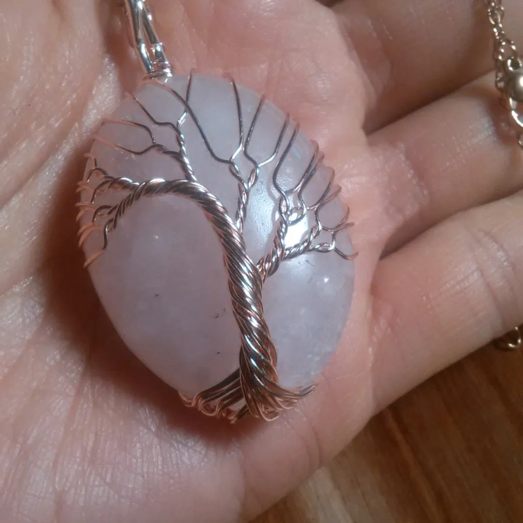 Rose Quartz Tree of Life Brass Pendant Stainless Steel Necklace - Image 8