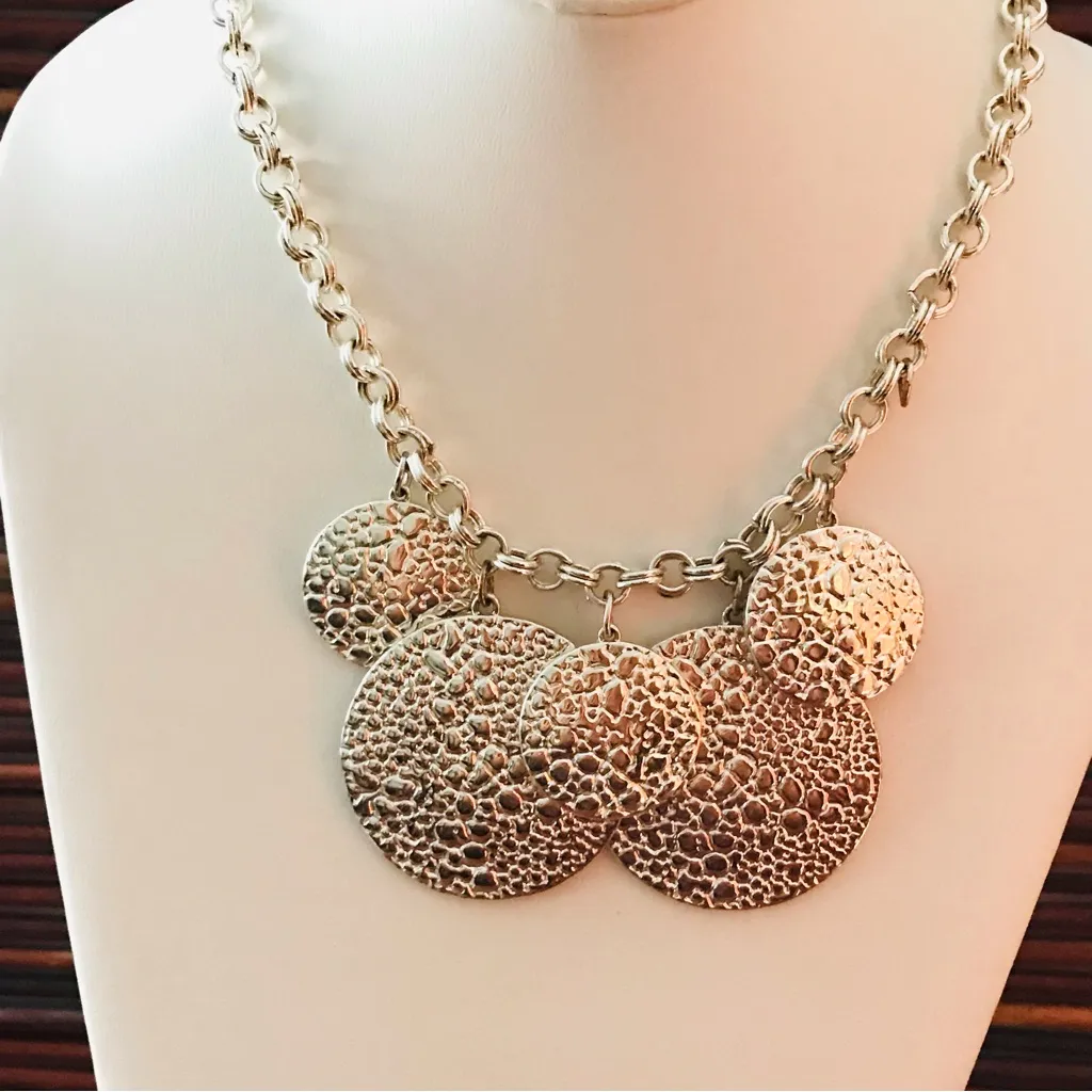 White House Black Market Multi Medallion Necklace Silver Tone Statement Piece. - Image 3