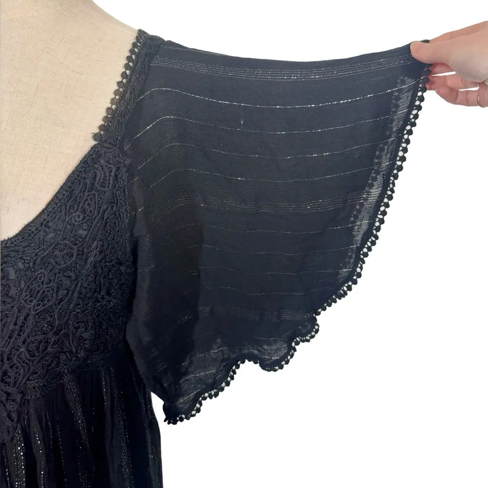 Anthropologie Farm Rio Luiza Metallic Crochet Flutter Sleeve Maxi Dress Black - Image 7