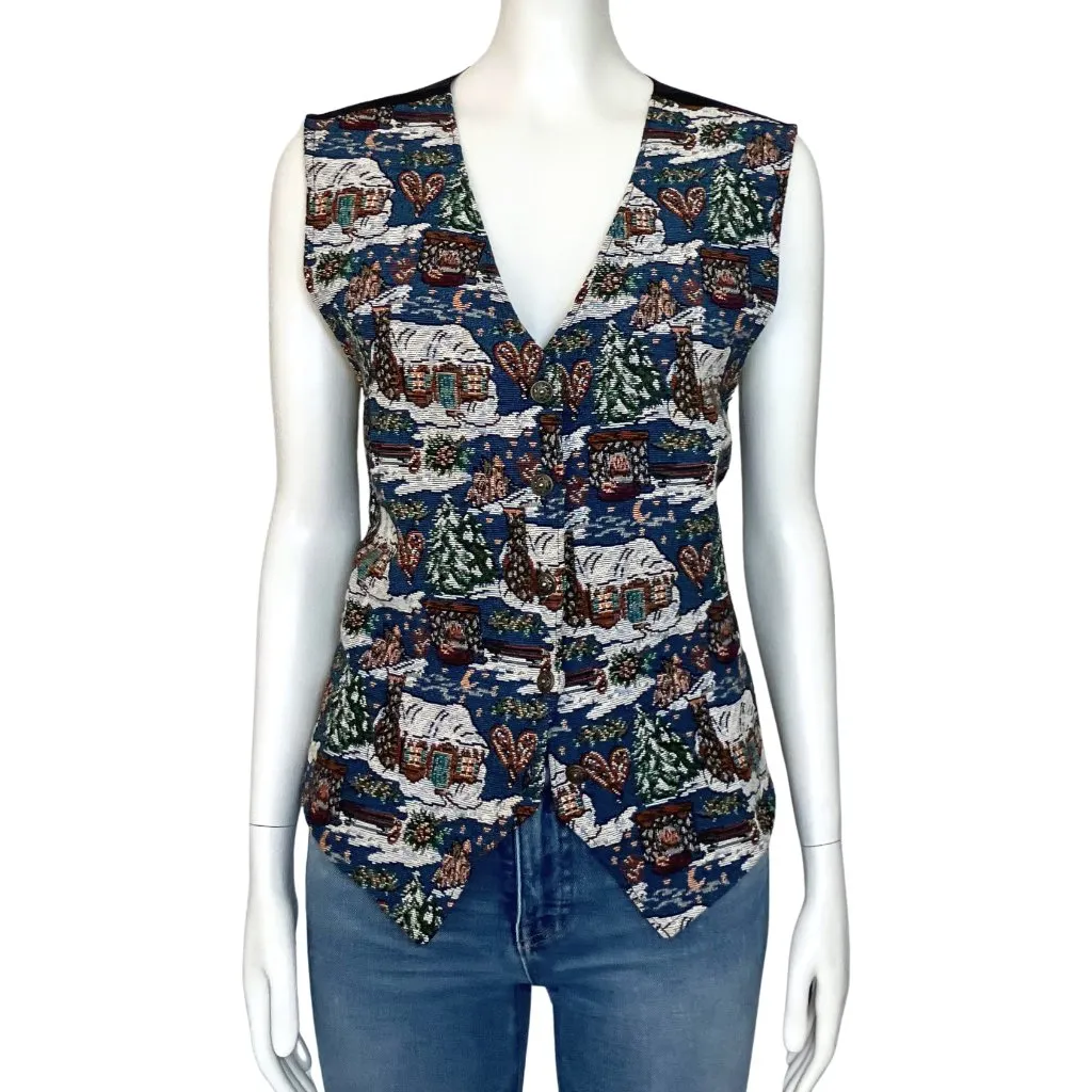 Vintage 90s Christmas Village Embroidered Cottagecore Retro Vest Large Kitschy - Image 3